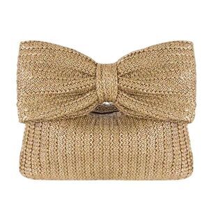 Chic Trendy Khaki Straw Bow Clutch Handbag Boho Summer Vacation Beach Resortwear